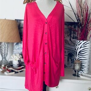 LOGO by Lori Goldstein Vibrant Pink Lagenlook Long Cardigan Women's 1X EUC